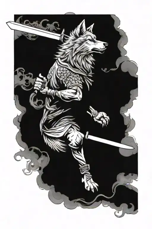 A Wolf In Smoke With Katana Sword