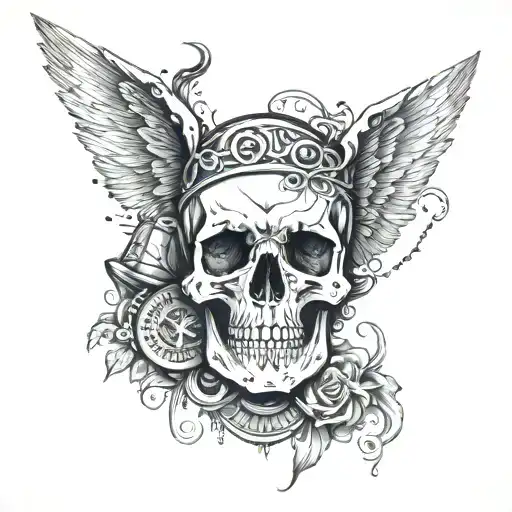 Skull With Hourglass And Wings