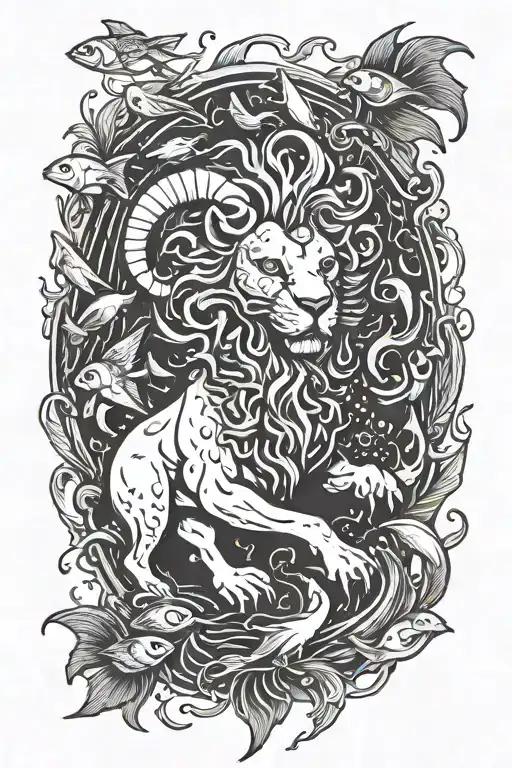 Ram Fighting Lion Surrounded By Fish