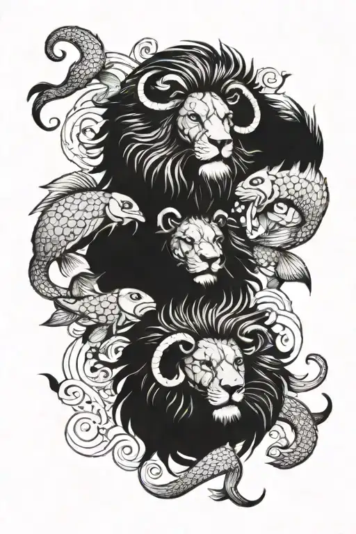 A Fierce Lion Fighting A Fierce Ram Surrounded By Fish