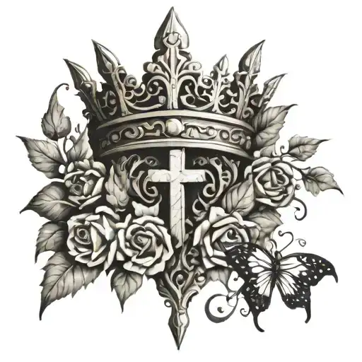 A Roman Leaf Crown With A Cross In The Middle And Butterflies And Roses Surrounding
