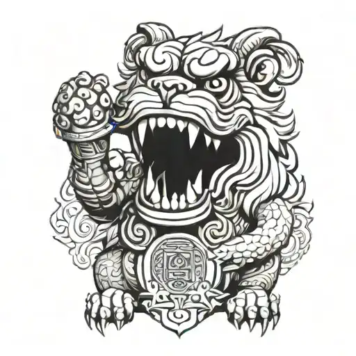 A Blackwork Design Of A Fu Dog With A Microphone Singing