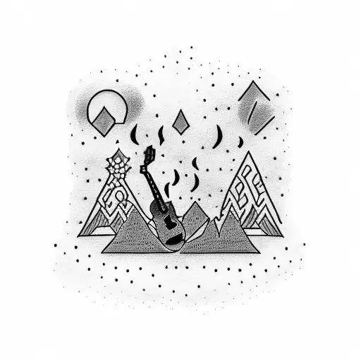 A Dotwork Tattoo Of A Silhouette Of Noah Kahan Playing Guitar Next To A Bonfire