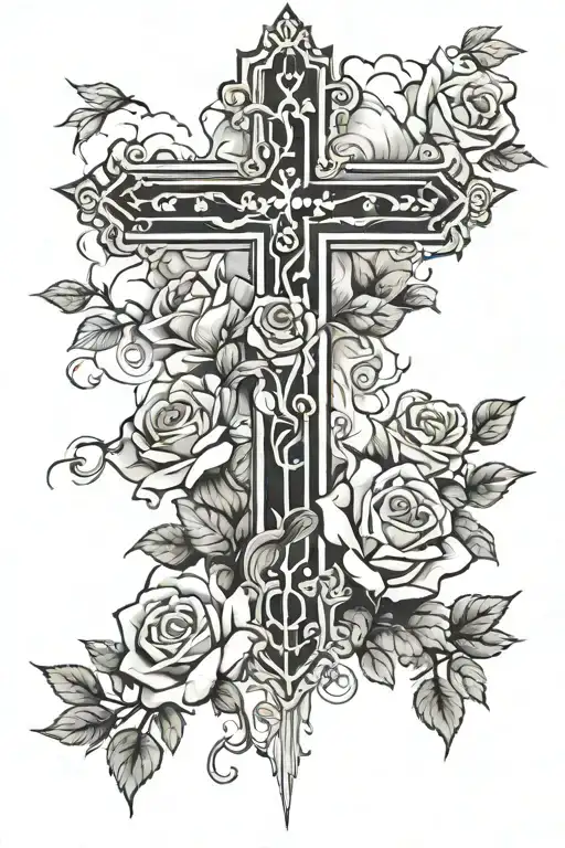 Christian Cross With Clouds And Roses