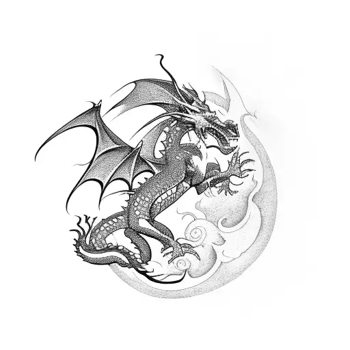 A Dragon Flying Over A Castle