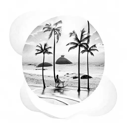 A Serene Beach Scene With Palm Trees And Crashing Waves