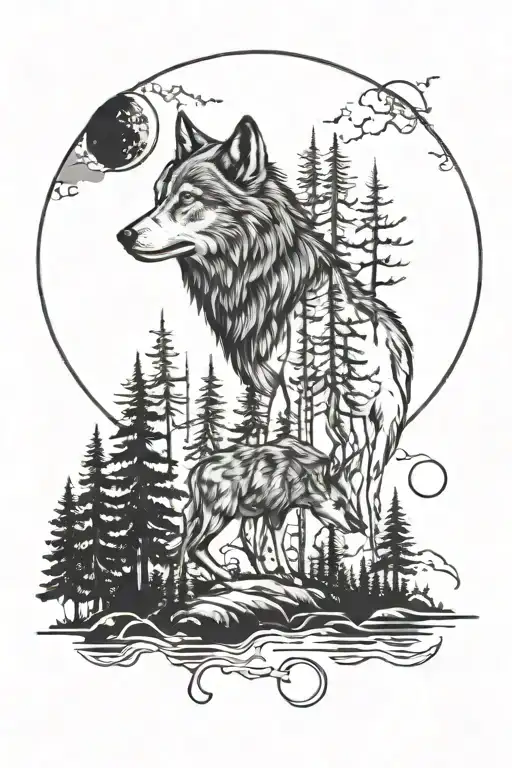 Wolf And Moon Surrounded Forest Scene