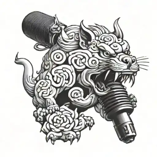 A Blackwork Design Of A Fu Dog With A Microphone Singing