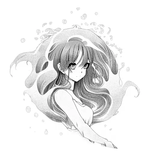 Anime Girl Surrounded By Flowing Water In A Twirl And Back And White