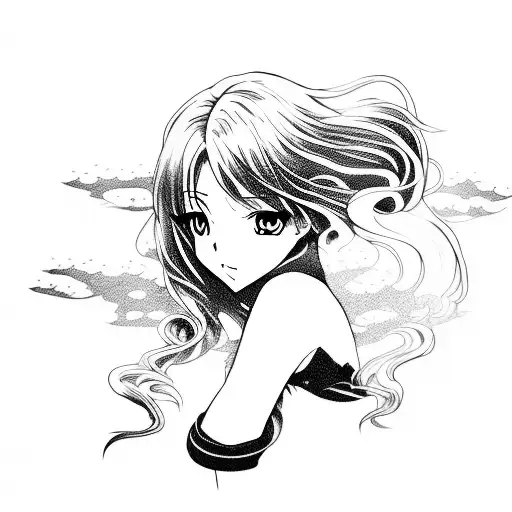 Anime Girl Surrounded By Flowing Water In A Twirl And Back And White
