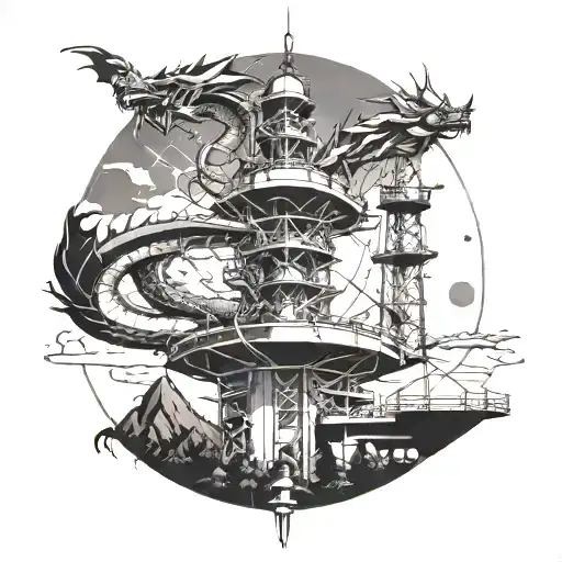 A Futuristic Satellite Communications Tower Intertwined With A Majestic Dragon