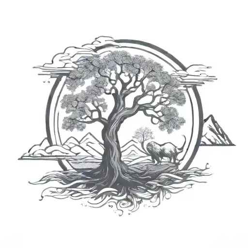 Tree Of Life In A Circle With Mountains In The Background And Feathers Extending Down From Below