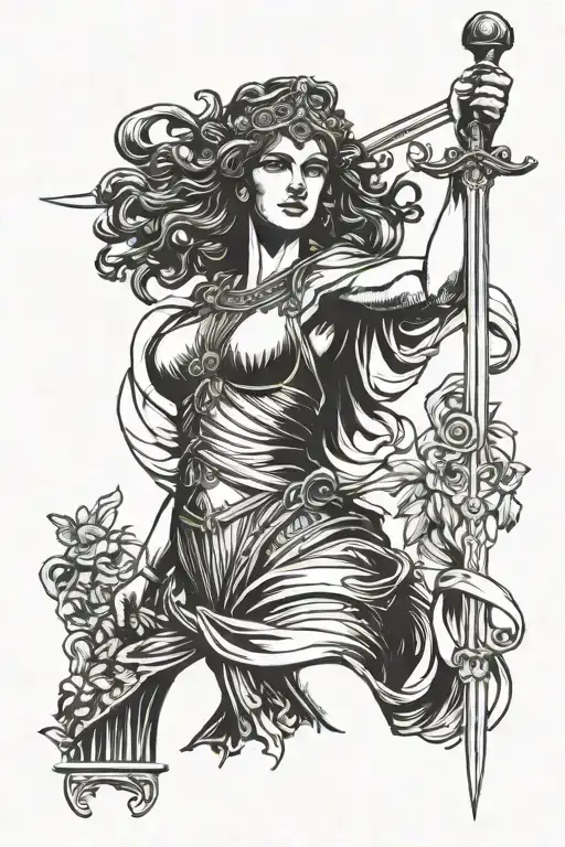 Greek Style Statue Of Strong Woman Holding A Sword And Standing