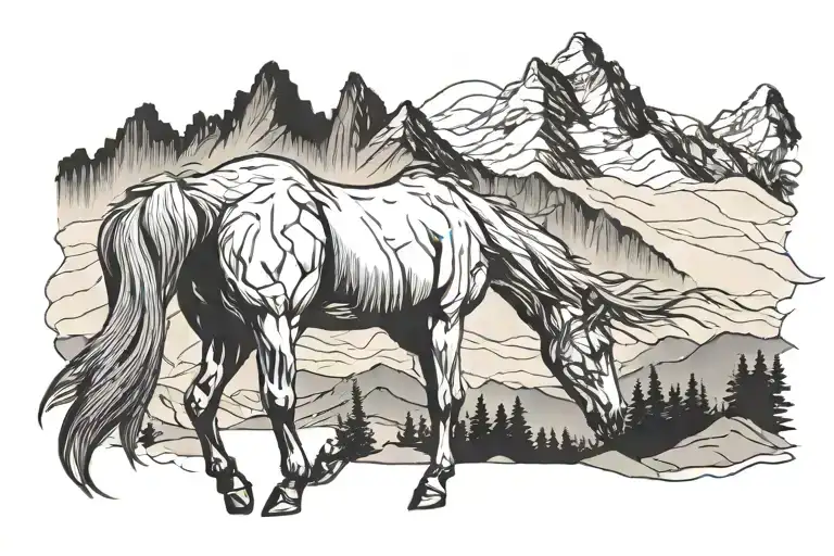 A Sketch-style Tattoo Of A Horse With A Mountain Range In The Background