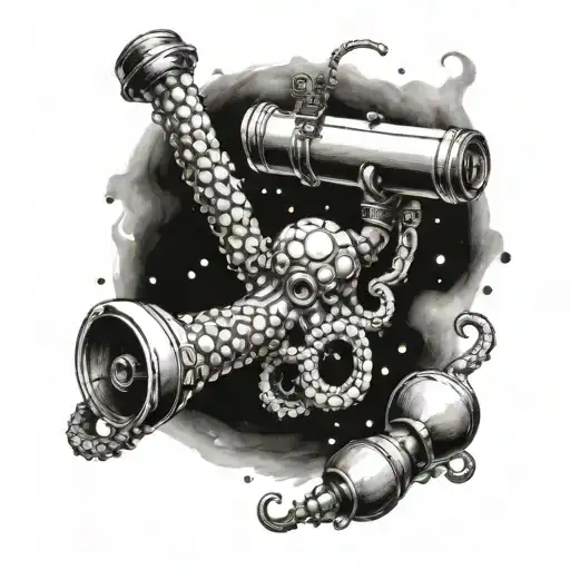 A Detailed Tattoo Of A Cosmic Octopus Wrapping Around A Vintage Telescope