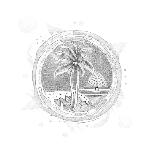 An Abstract Dotwork Tattoo Of A Tropical Beach With The Name Rebekah Woven Into The Design