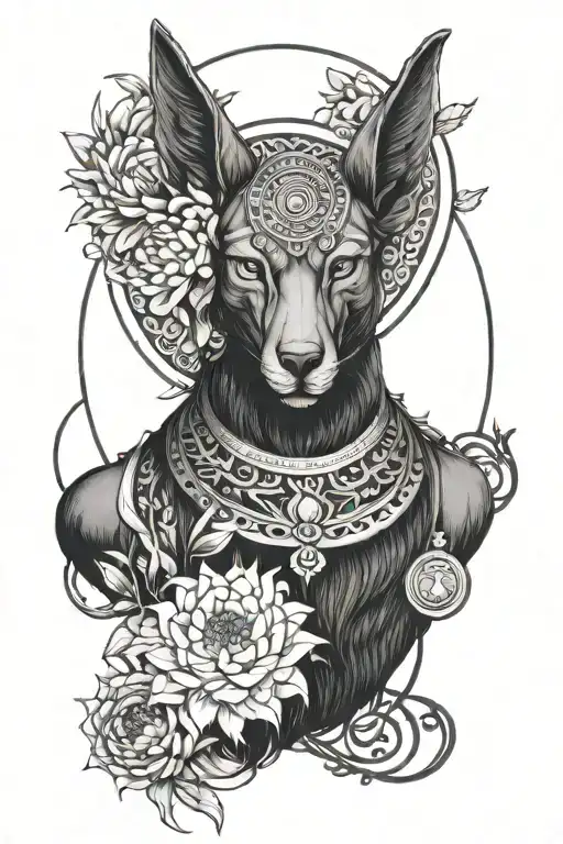 A Mystical Interpretation Of Anubis Surrounded By A Halo Of Chrysanthemums And The Moon