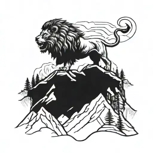 A Lion Roaring On Top Of A Mountain Peak With A Hiking Trail Winding Up Towards It