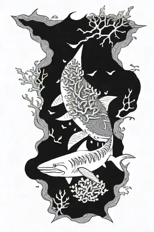 An Intricate Blackwork Design Featuring A Lemon Shark Swimming Through A Coral Reef