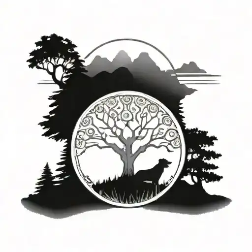 Tree Of Life In A Circle With Mountains In The Background And Dog
