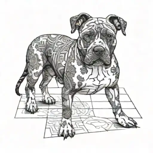 A Black And White Pitbull Standing On A Tiled Floor Plan