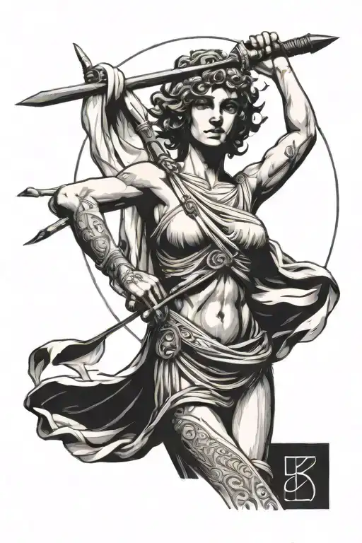 Greek Style Statue Of Strong Woman With Short Hair Holding A Sword And Standing Tall
