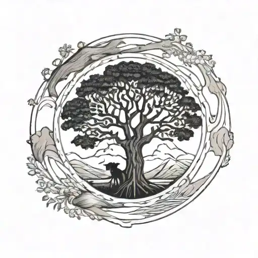 Tree Of Life And Dogs Paw Print In A Circle With Mountains In The Background