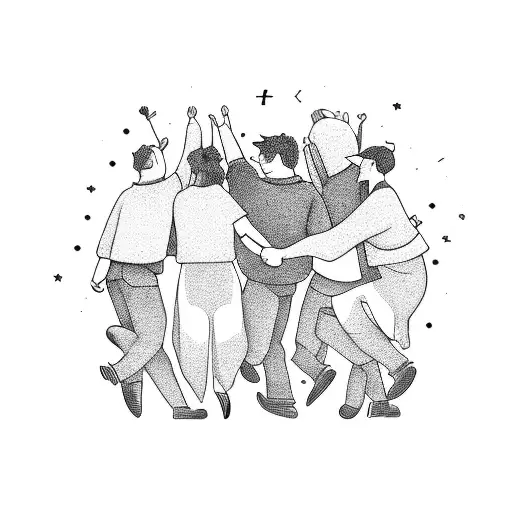 A Group Of Friends Holding Hands And Jumping Into A Pile Of Money
