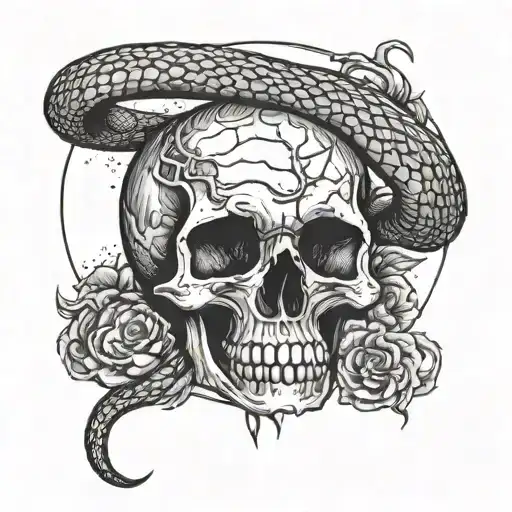 A Snake Slithering Through A Skull In A Cemetery At Night Sky With Moon