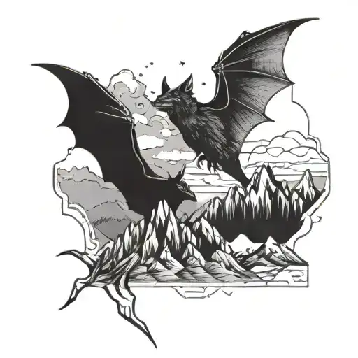 Which Depicts Mountains And A Bat