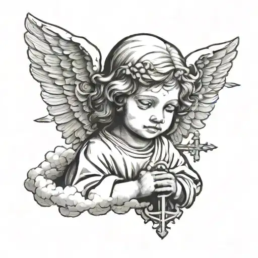 Little Angel With Clouds And A Cross Of Jesus Christ
