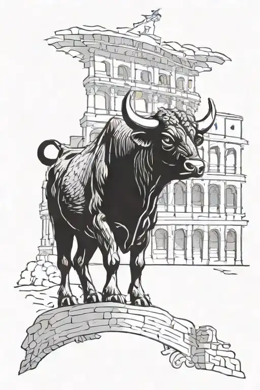 A Black Bull Standing Behind A Rome Colloseum