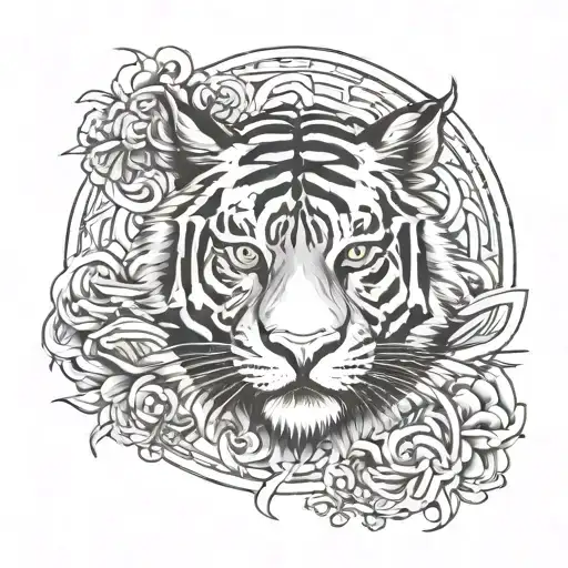 Create A Tattoo Featuring A Fierce Tiger And Muai Thay Symbols In A Black-grey Style