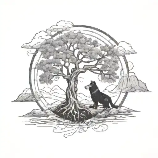 Tree Of Life With Cavapoo In Circle With Mountains In The Background And Feathers