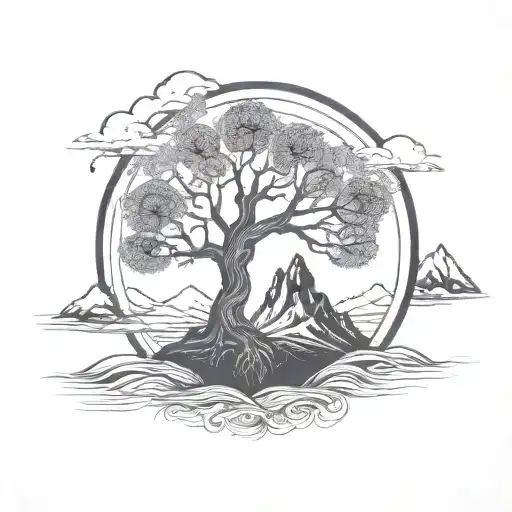 Tree Of Life In A Circle With Mountains In The Background And Feathers Extending Down From Below