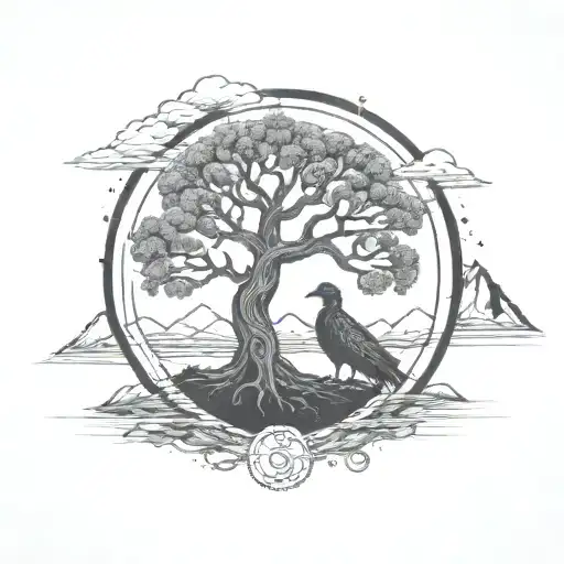 Tree Of Life In A Circle With Mountains In The Background And Feathers Extending Down From Below