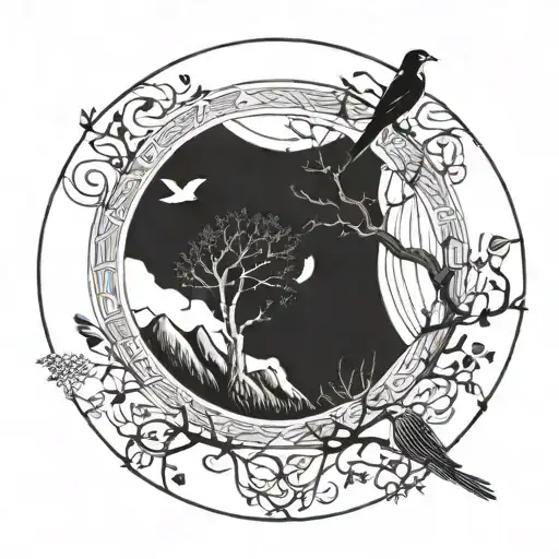 Tree Of Life In Circle With Mountains And Birds