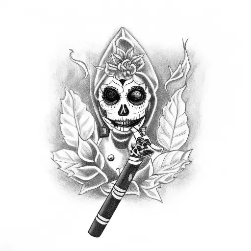A Catrina Smoking A Cigar With A Mandrake Plant Growing From It