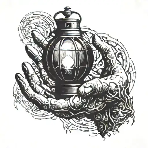 Gothic Horror Hand Reaching Light Orb Lantern In The Background