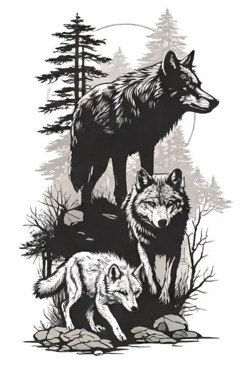 A Tattoo Of A Wolf Leading Young Cub Through Forest On A Rocky Path