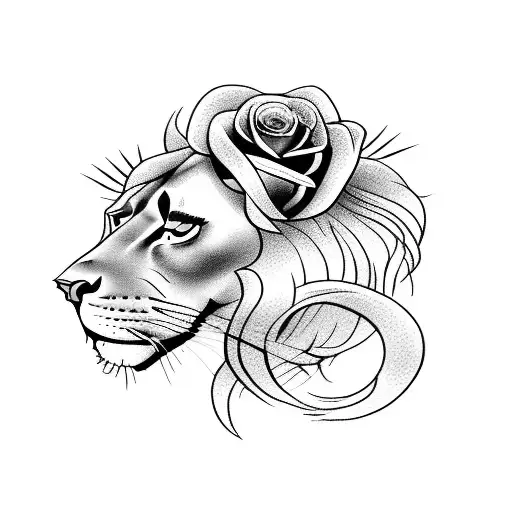 A Majestic Lion And Roses Around