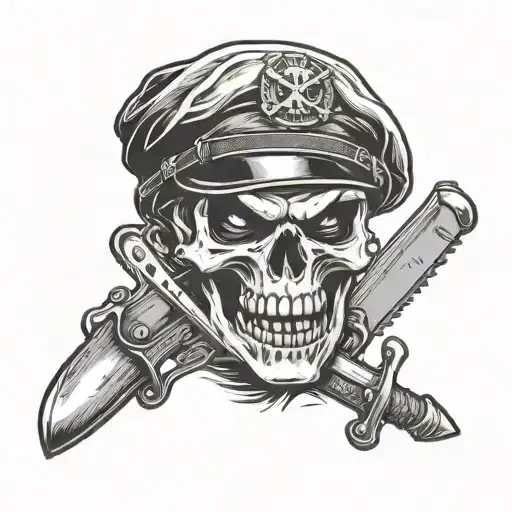 Angry And Screaming Skull In A Soldier Beret With Knives Around Him