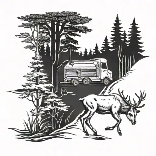 A Blackwork Tattoo Of A Truck Driving Through A Forest With Deer Running Alongside