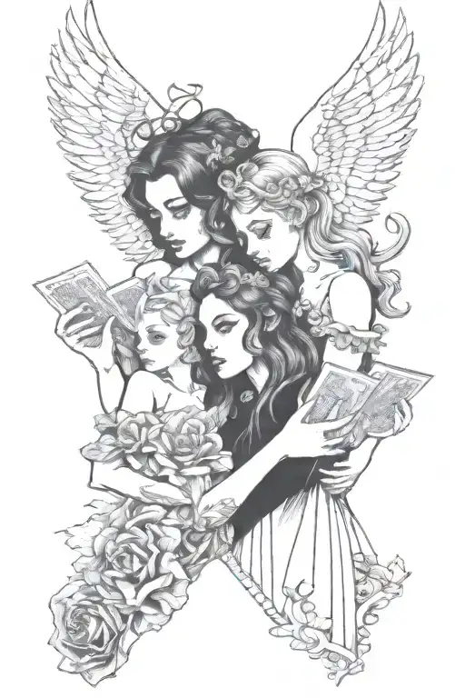 Angel And Demon Holding Cards Both Girls Face