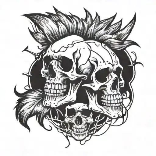 Pair Sketch A Skull With A Mohawk Hairstyle And Punk-rock Band Patches On Its Clothes