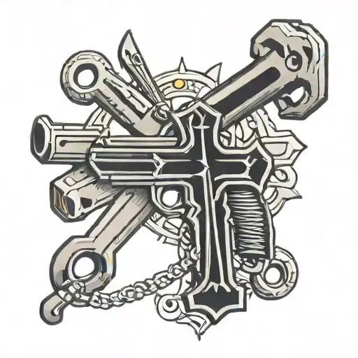Christian Cross With Gun And Wrench Crossed