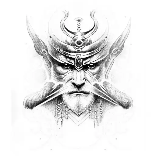 A Dotwork Tattoo Featuring A Futuristic Interpretation Of Odin Accompanied By A Cybernetic Raven