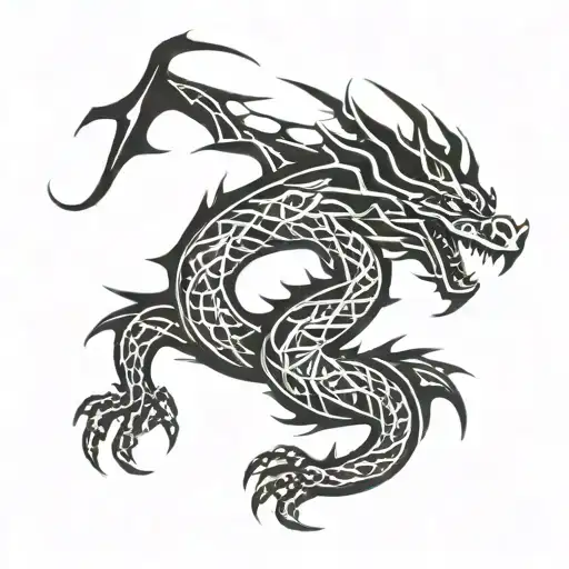 Integrate Tribal Motifs Into A Blackwork Tattoo Of A Dragon Battling A Scorpio