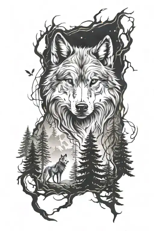 Wolf Tattoo Dark Forest Landscape Sleeve