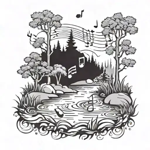 An Outdoor Scene With A River Flowing Through A Forest And Musical Notes Floating In The Air